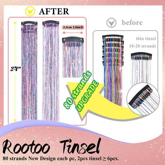 Close up view of the holographic rainbow colored tinsel strands attached to small secure snap clips.