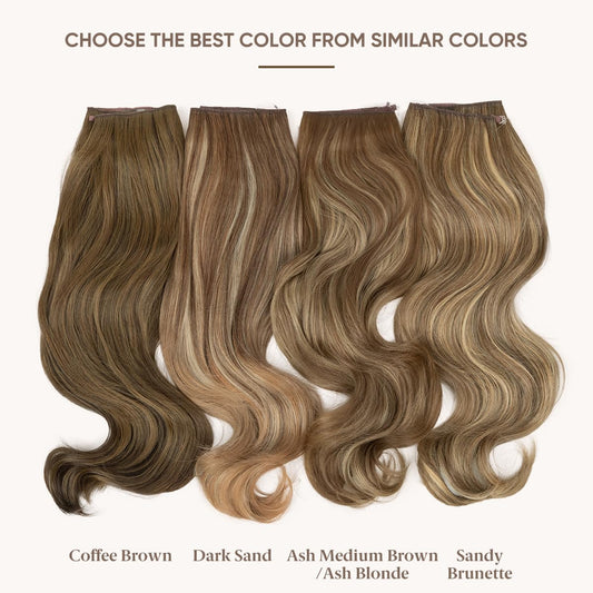 SARLA adjustable transparent headband hairpiece back view displaying eighteen inch long synthetic curly volume.
