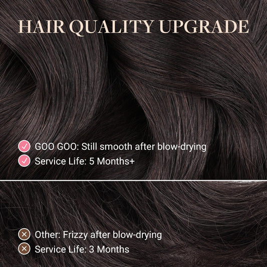 GOO GOO Remy Human Hair Extensions close up view displaying the silky straight texture and thick ends