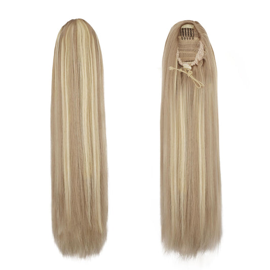 Close up view of the breathable inner mesh and adjustable drawstring clips on the BARSDAR sixteen inch ponytail