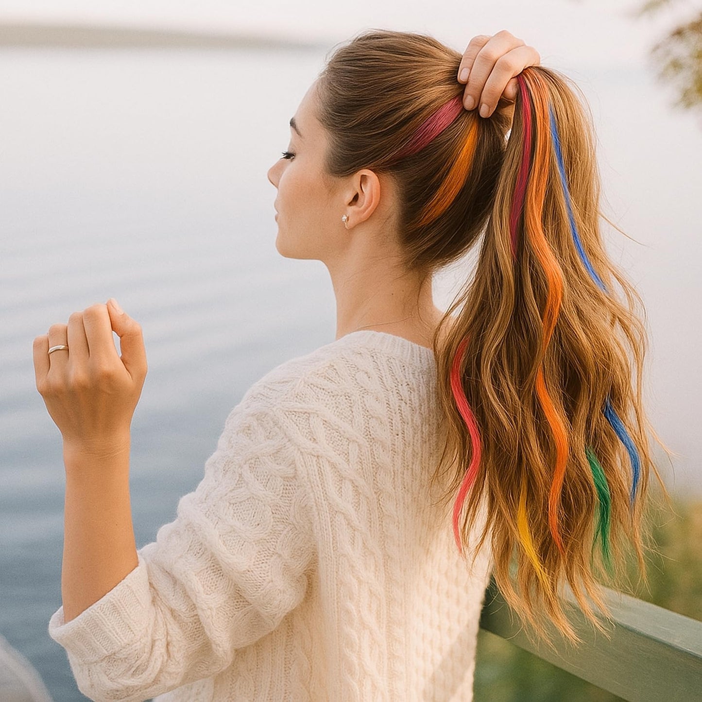 Full collection of thirty two pieces rainbow long straight hair extensions spread out uniformly