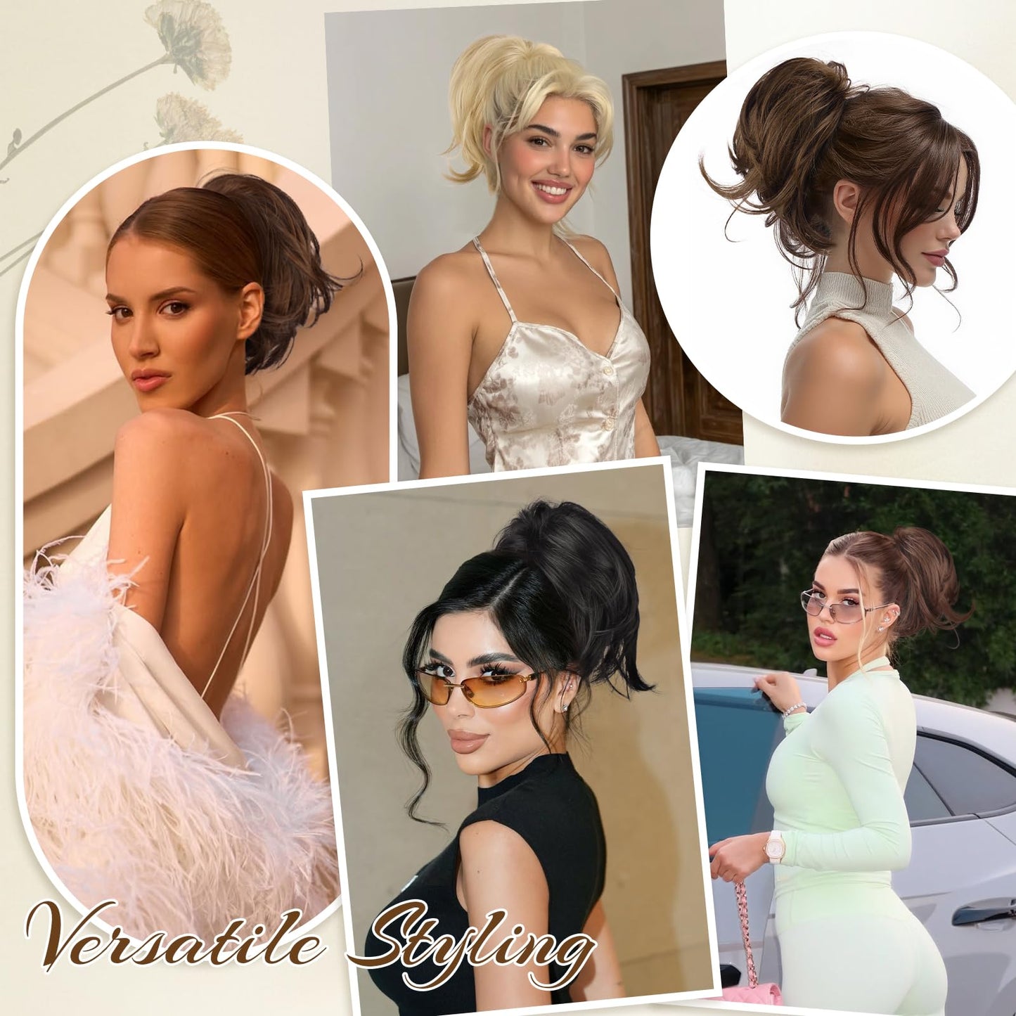 FESHFEN premium synthetic hairpiece styled as a voluminous textured messy bun.