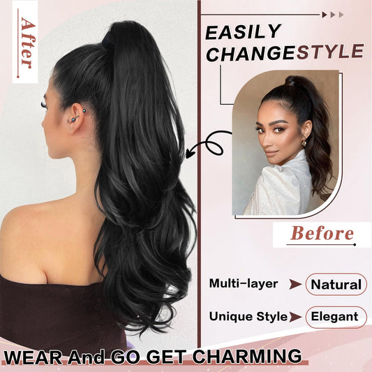 MSMUSAS 26 inch synthetic hairpiece back view displaying voluminous multi-layer tail.