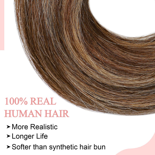 Real human hair donut chignon ponytail extension with natural wavy texture.