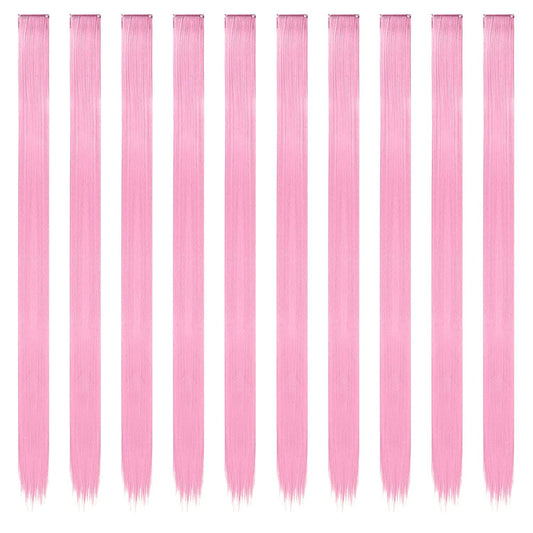 Ten pieces of straight pink synthetic clip in hair highlights spread out clearly