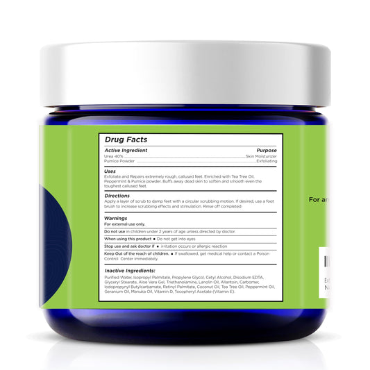 Foot Cure scrub container showing pumice stone texture