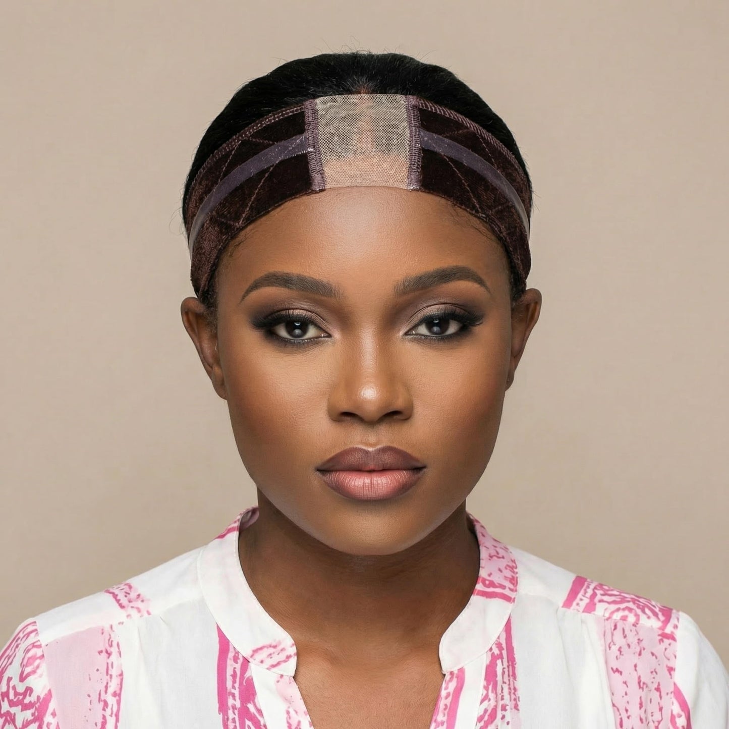 Model demonstrating how to wear the brown wig grip headband