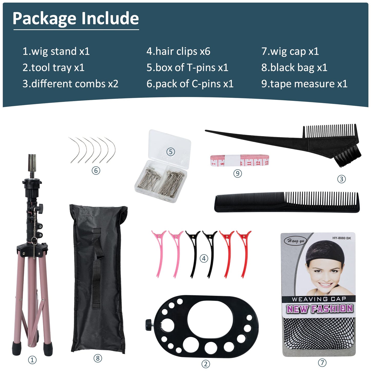 Full kit of hair accessories clips and pins included with wig stand