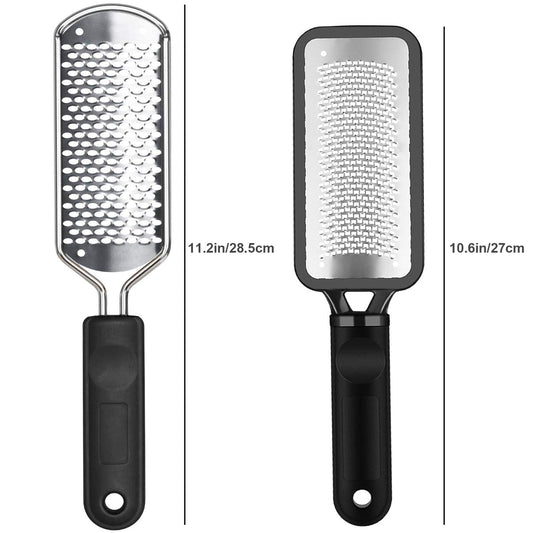 Two pieces of professional stainless steel foot file callus removers with hanging holes for storage.