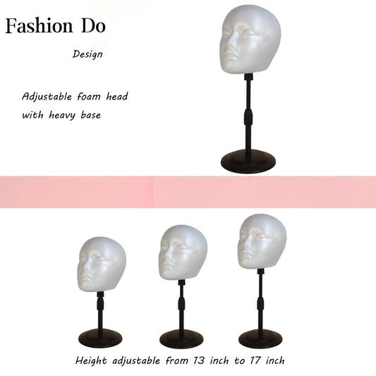 Two pack foam wig holder showing height adjustment from thirteen to seventeen inches