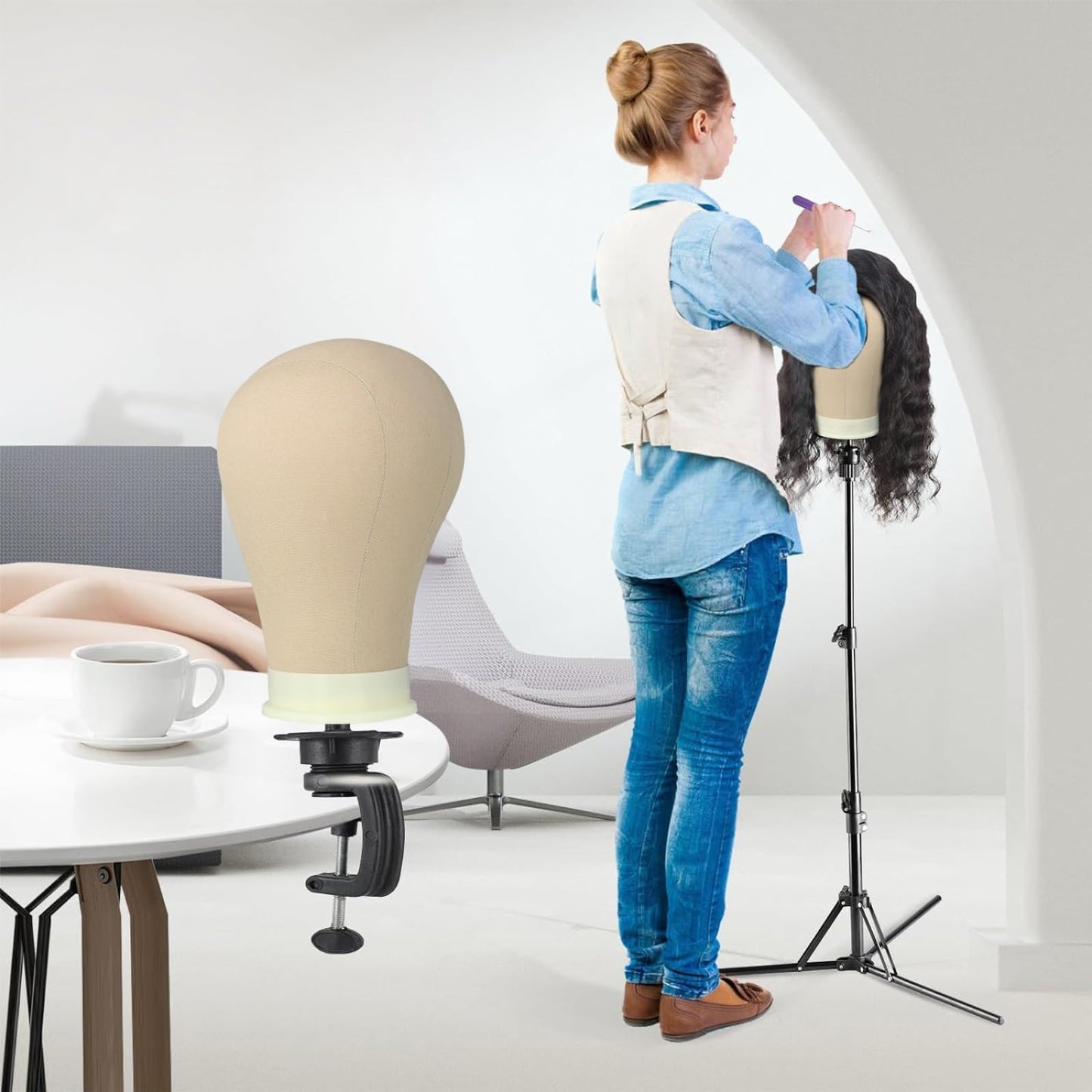 Alileader canvas mannequin head in professional salon setting
