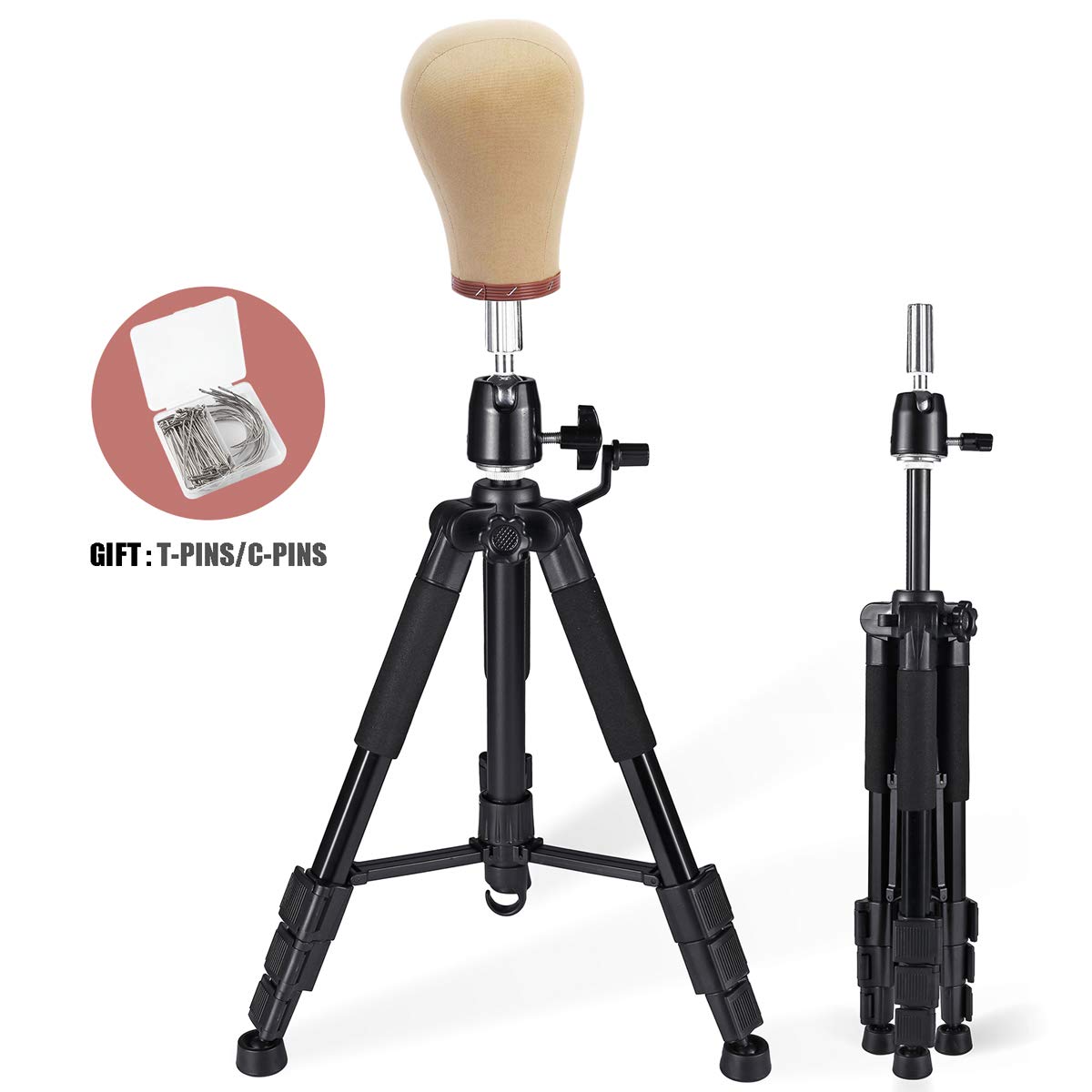 Alloy metal wig stand tripod showing the bottom rubberized non slip feet on salon flooring