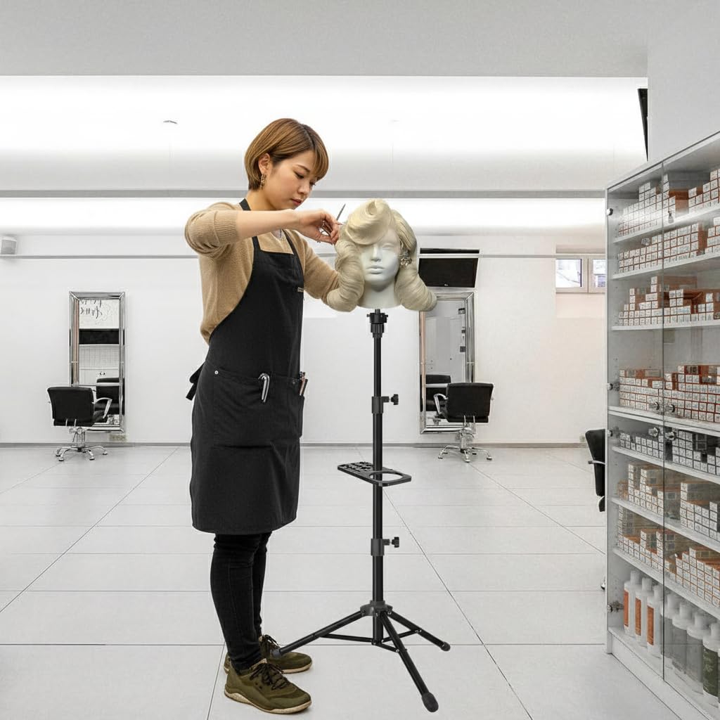 Premium alloy steel wig tripod setup inside a professional salon environment