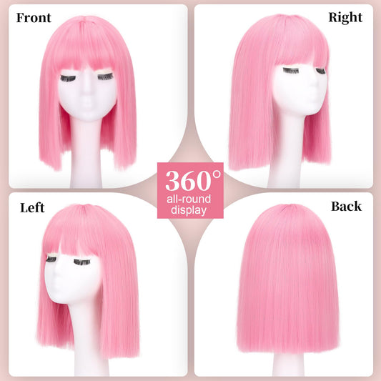 Side profile of short straight pink synthetic costume wig with face framing fringe
