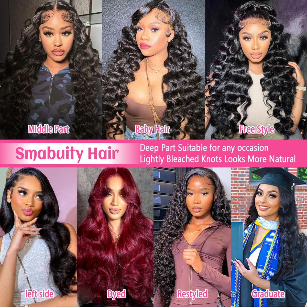 Smabuity glueless lace frontal wig styled with a deep middle parting on a mannequin head