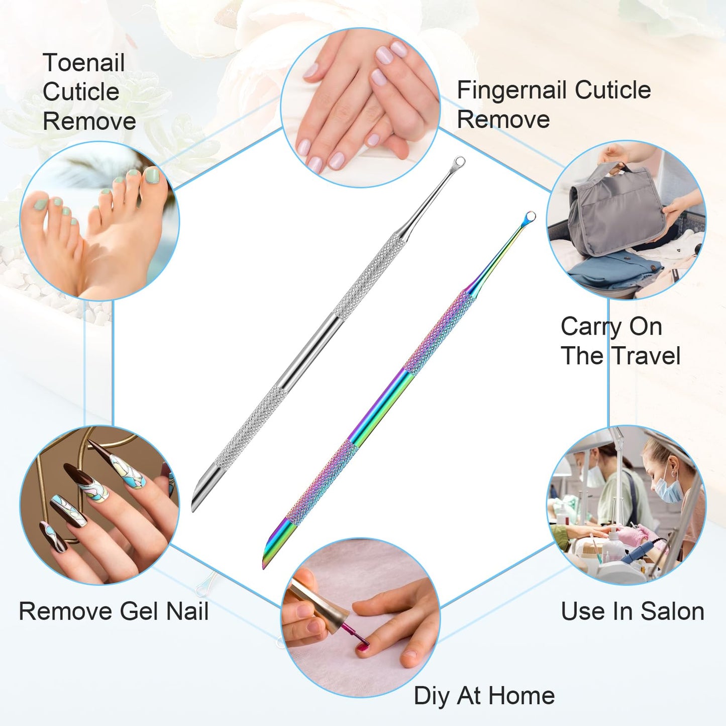 Professional grade metal cuticle pusher showing complete packaging dimensions and design details