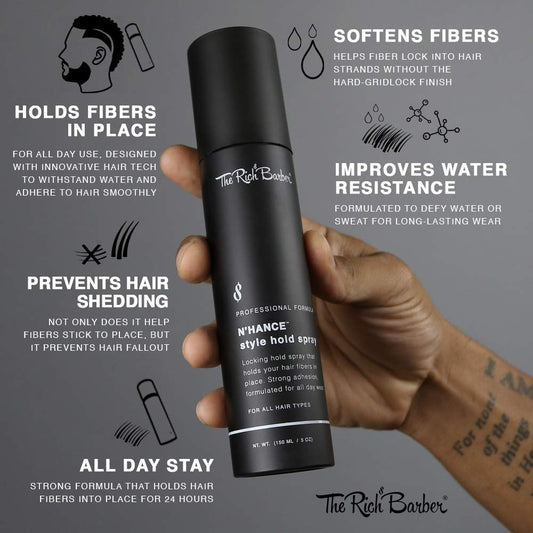 The Rich Barber styling hold spray five ounce bottle showing application nozzle