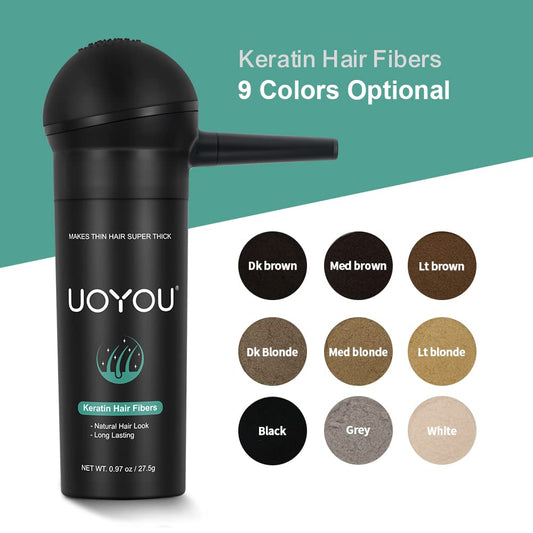 UOYOU hair loss concealer powder being applied with the specialized pump applicator on a thinning hair crown area.