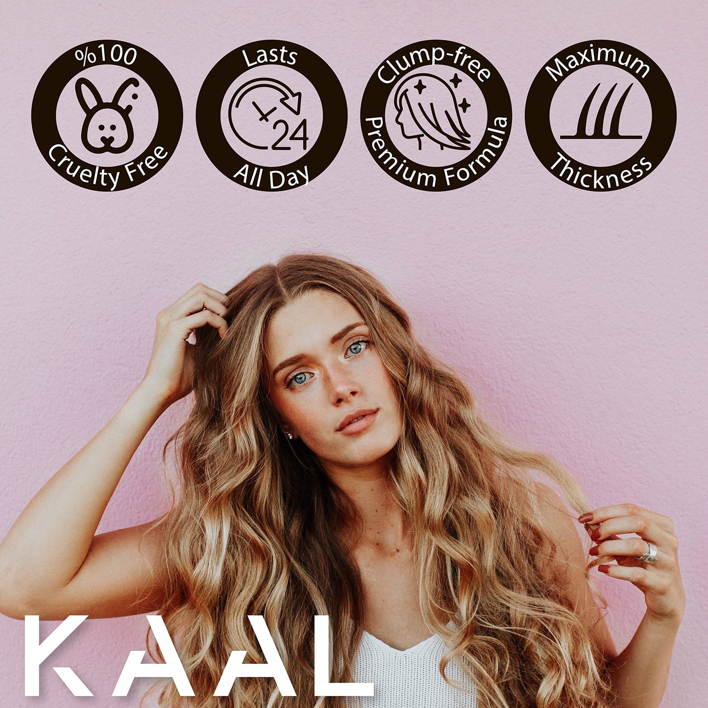 KAAL hair loss concealer pack showing volume size of fifty grams and weather resistant certification.