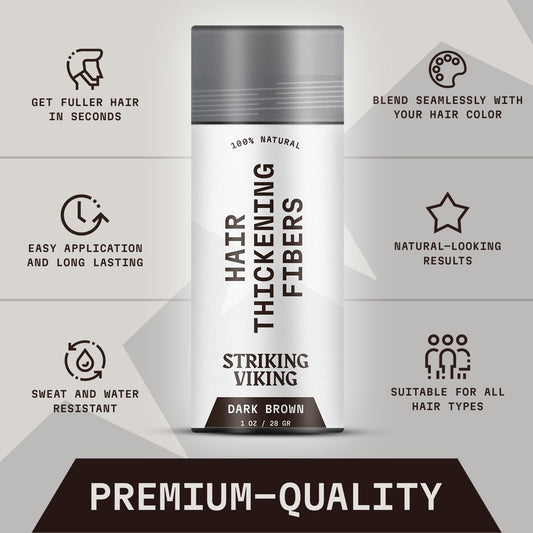 Striking Viking hair building powder bottle showcasing instructions and premium ingredients for thinning spots.