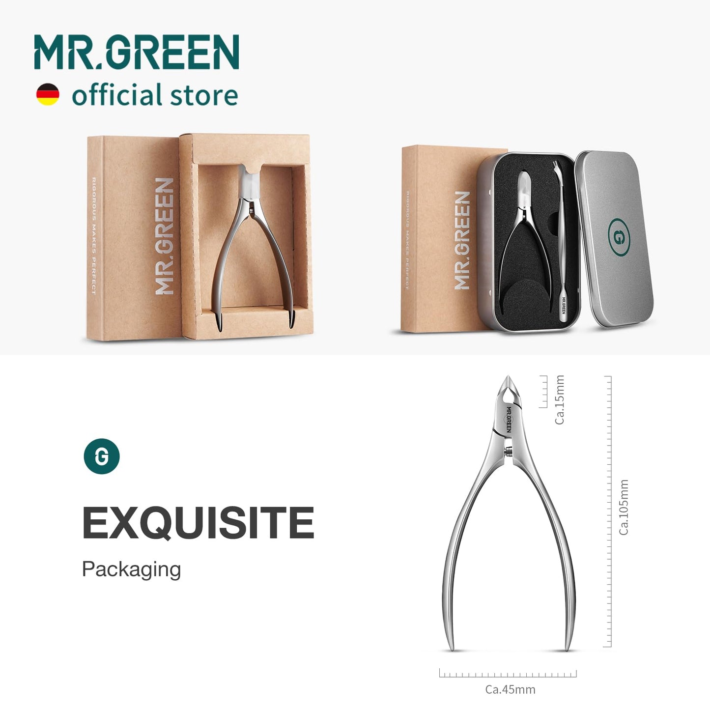 Complete premium packaging view of the MR.GREEN cuticle nipper and pusher beauty set.