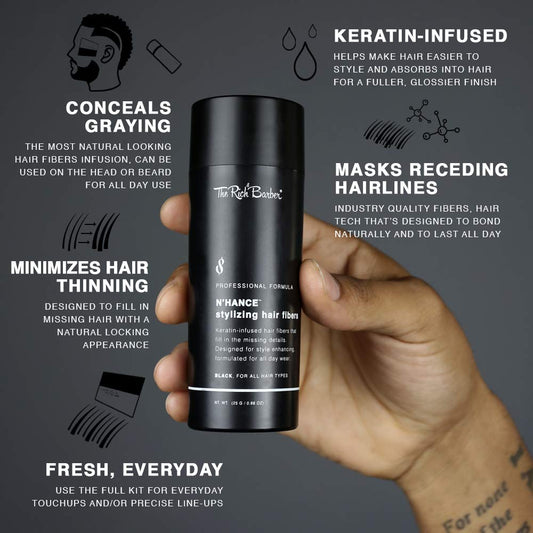 Keratin-infused barber hair thickening fibers applied to a receding hairline for enhancement.