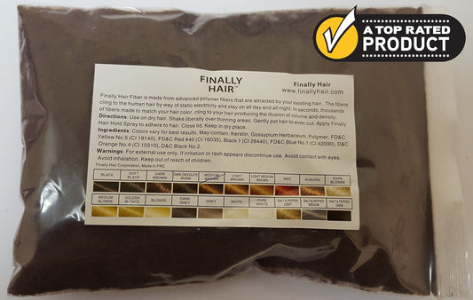 Finally Hair loss concealer microfibers pouring from refill bag into shaker bottle