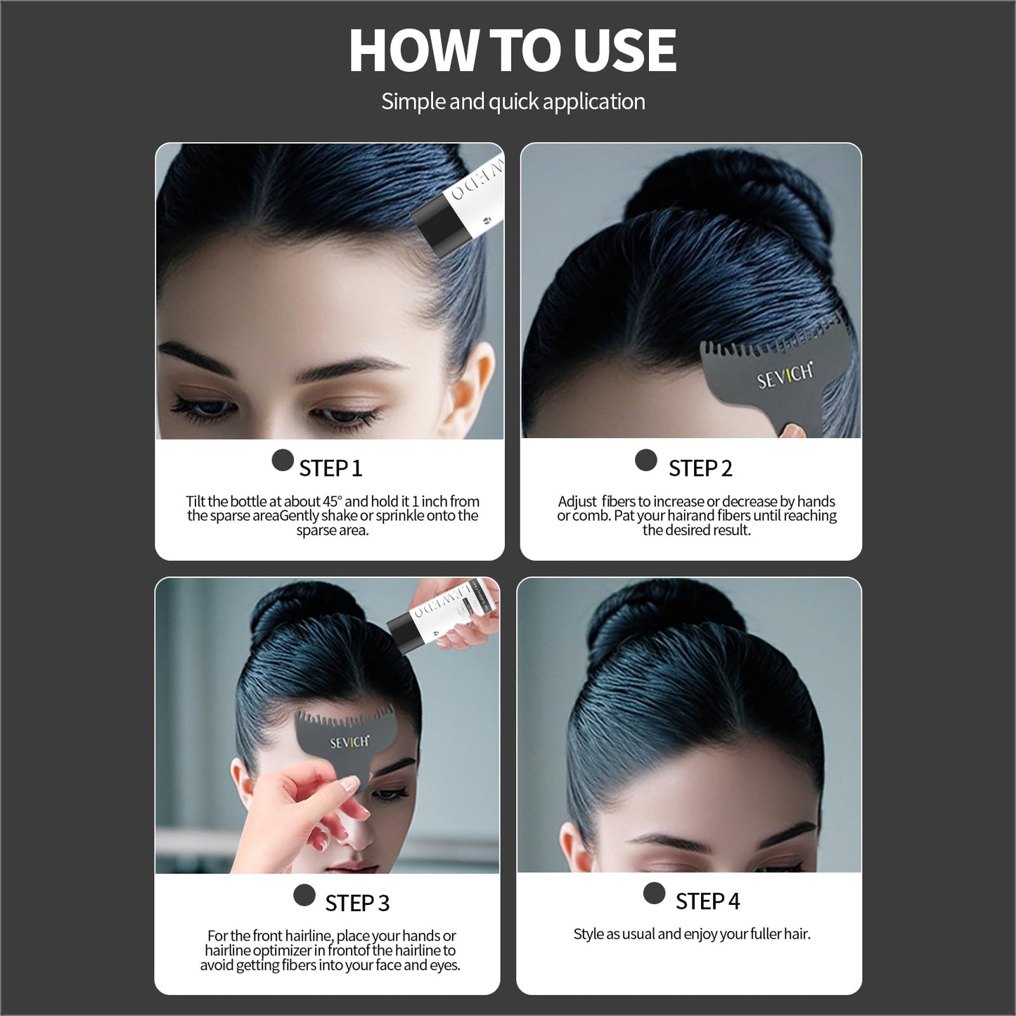 Back label of Lewedo 100 gram hair fiber refill bag detailing application steps