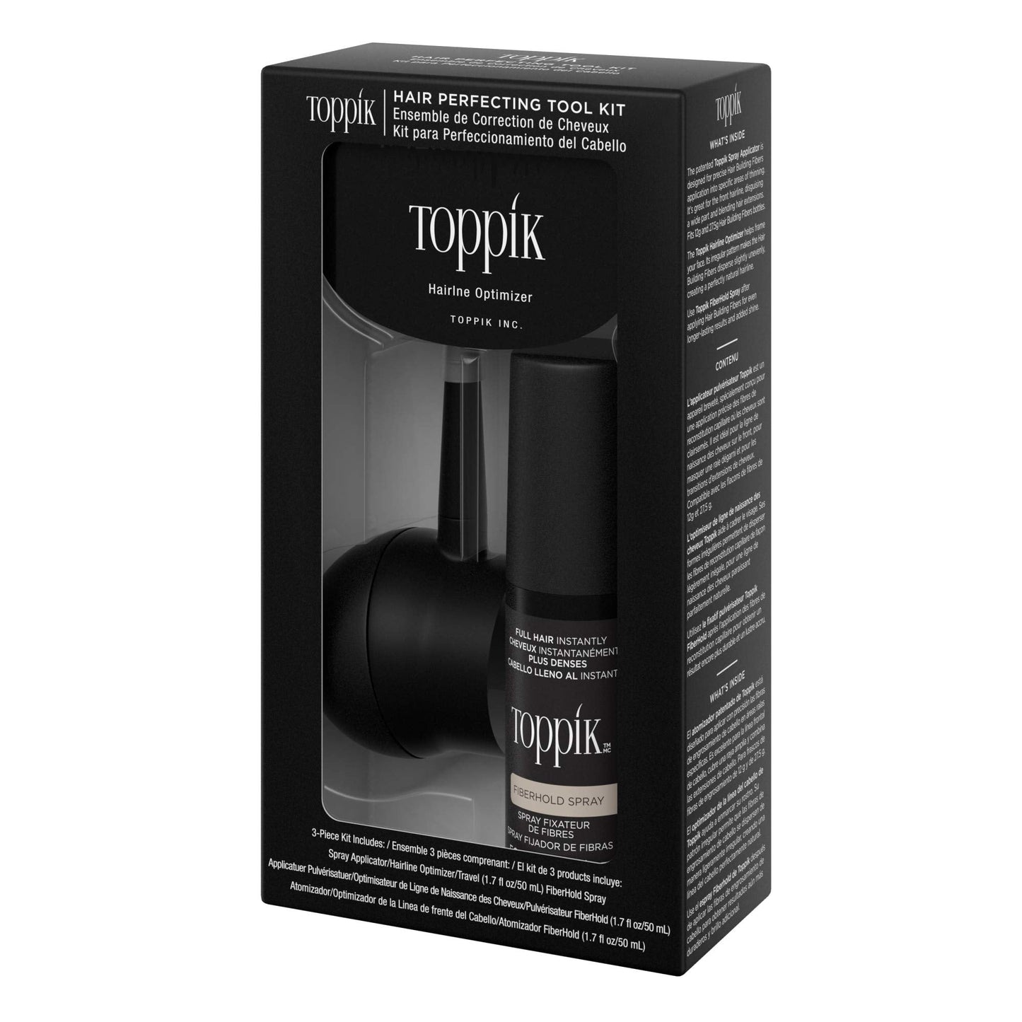 Toppik cosmetic hair building tool set packaging details and instructions for thickening fine hair lines seamlessly