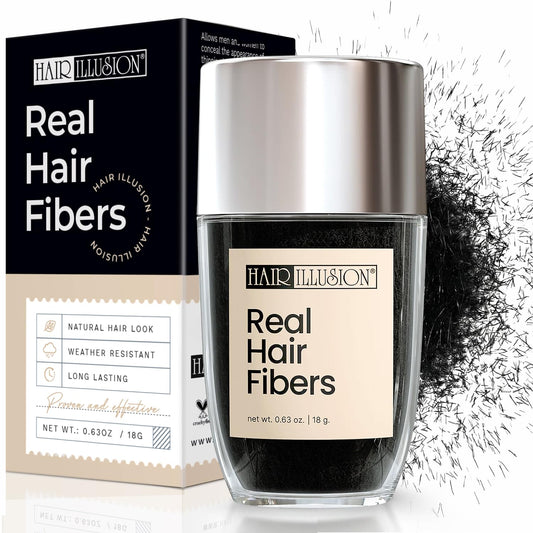 Hair Illusion real human hair fibers container showing the black color variant.
