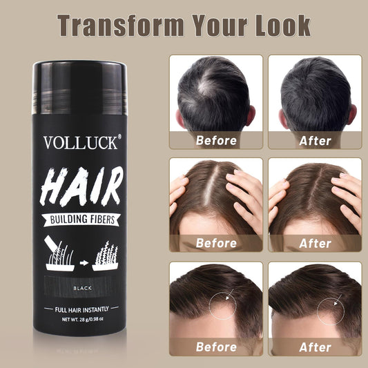 Volluck natural hair powder black packaging showing product details and directions for hair loss concealment
