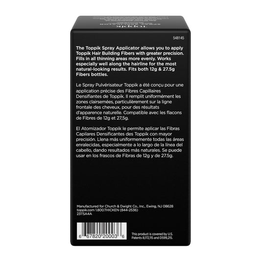 Toppik Hair Fiber Spray Applicator attached to a hair building fibers bottle demonstrating thinning hair coverage.