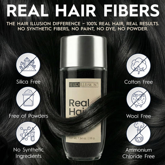 Hair Illusion 38 Gram bottle showcasing natural human hair fibers details