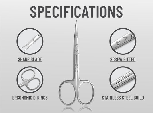 Vesara stainless steel beauty scissors highlighting the precision pointed tips for nail care