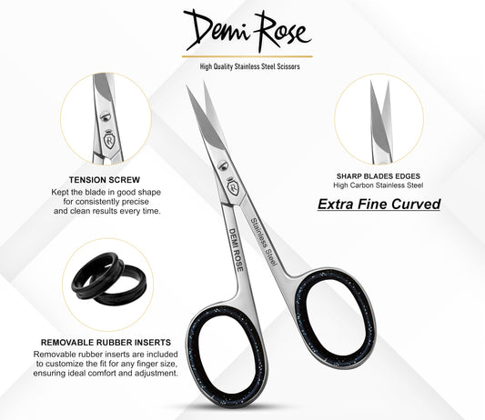 Close up of the curved blades on the Demi Rose grooming scissors showing precision edge