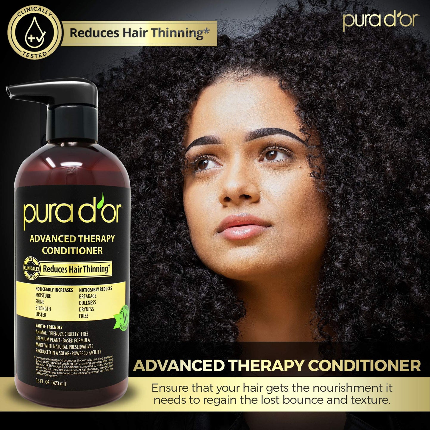 Close up of the pump packaging for the imported PURA D'OR biotin and argan oil hair care product