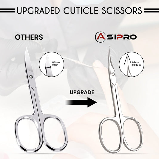 ASIPRO extra fine manicure scissors showing the close up precision of the curved blade