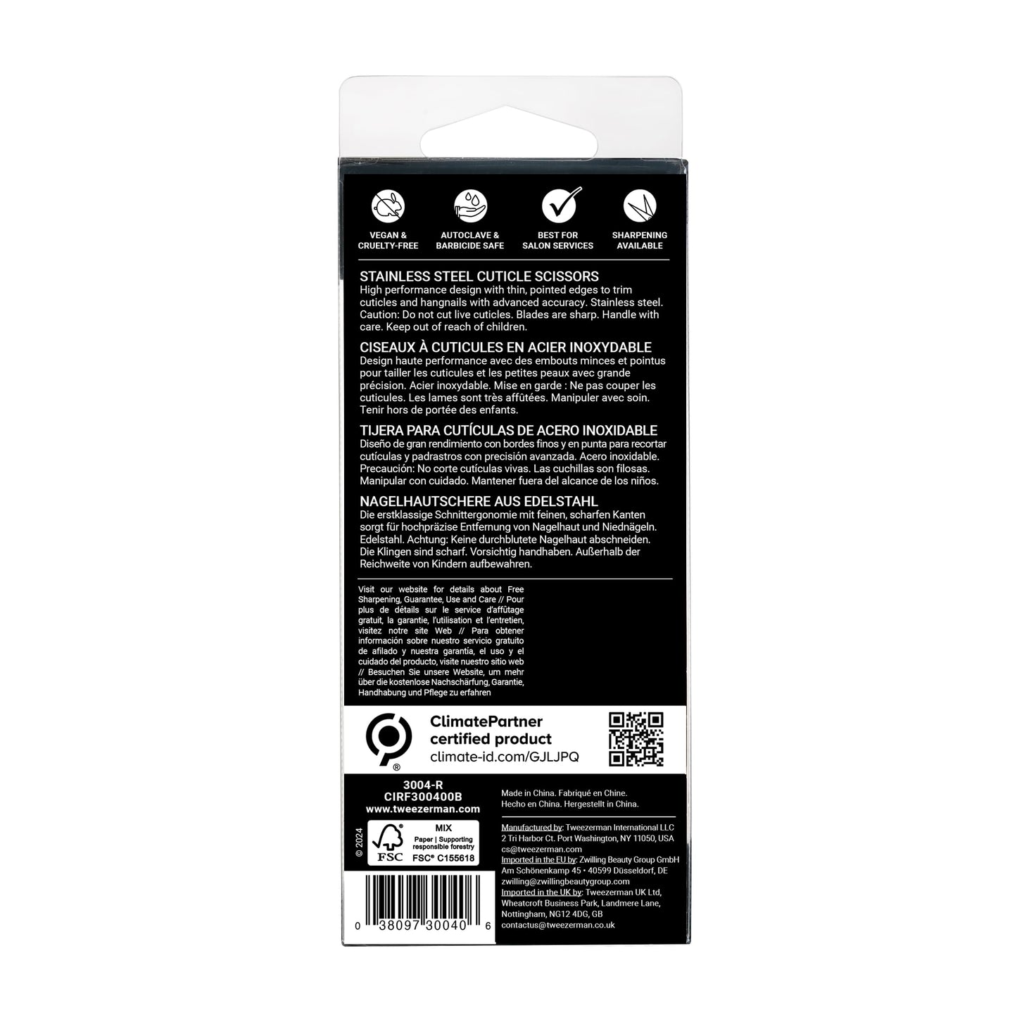 Complete packaging view of the imported Tweezerman professional grade personal care product.