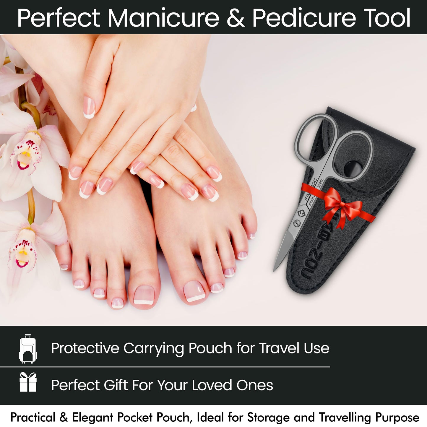Authentic FABINOC German quality stainless steel scissors layout with protective soft fur pouch