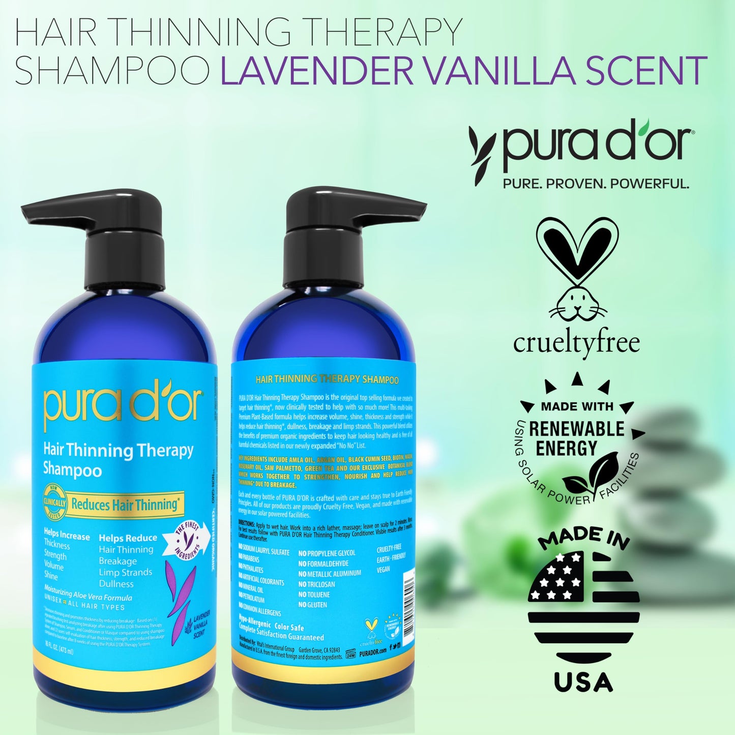 Authentic PURA D'OR 16 fluid ounce hair loss prevention therapy bottle showing the complete product packaging