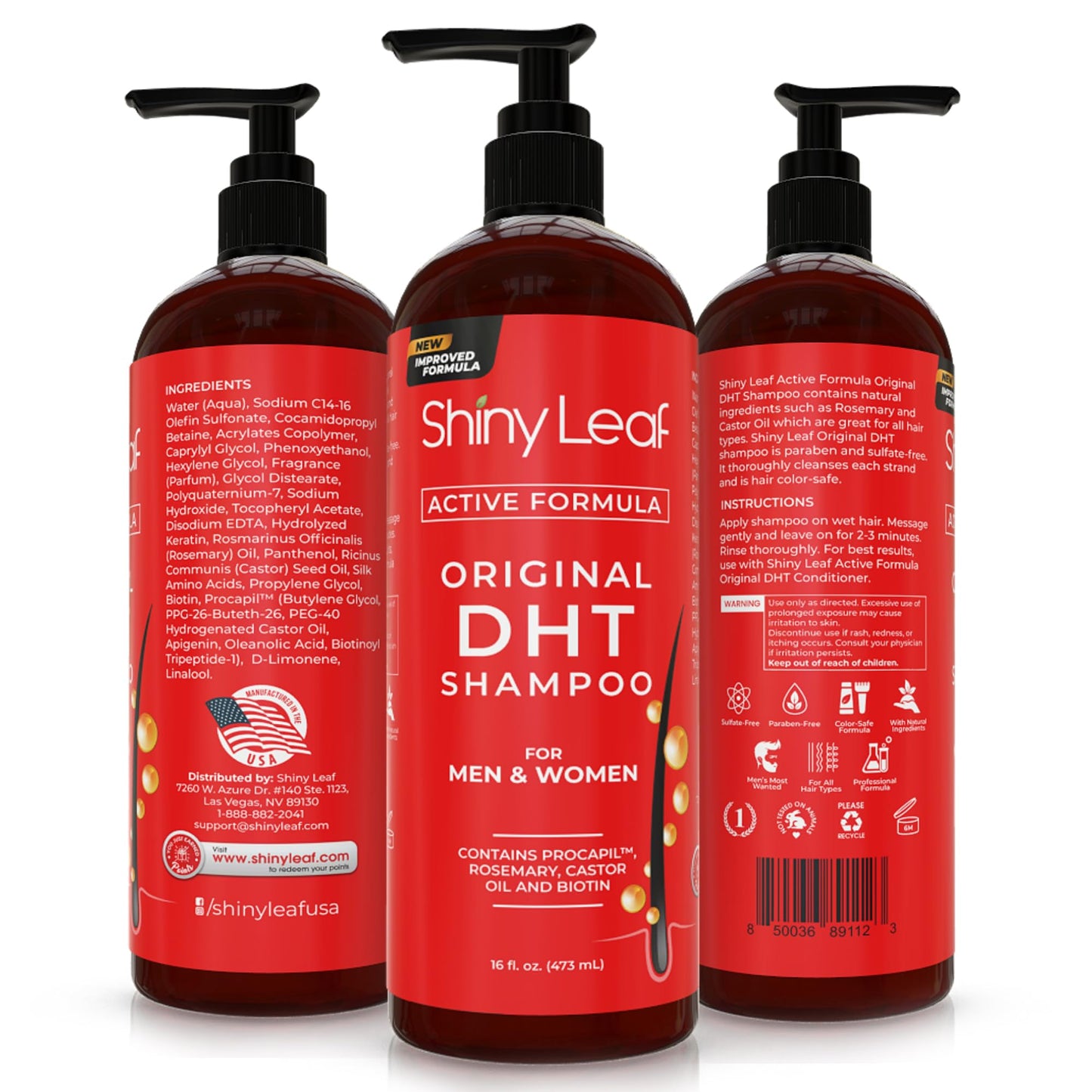 Product lifestyle display of Shiny Leaf DHT blocker shampoo highlighting its thick hair strengthening formula for pattern baldness protection