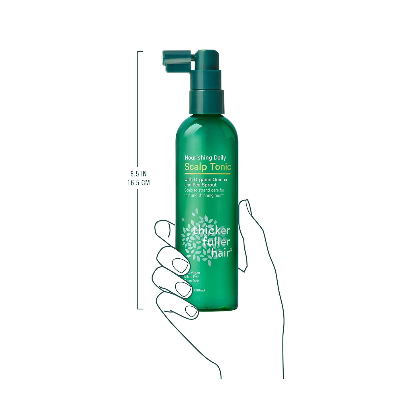 Side view of Thicker Fuller Hair premium hair loss solutions tonic bottle for fine hair types
