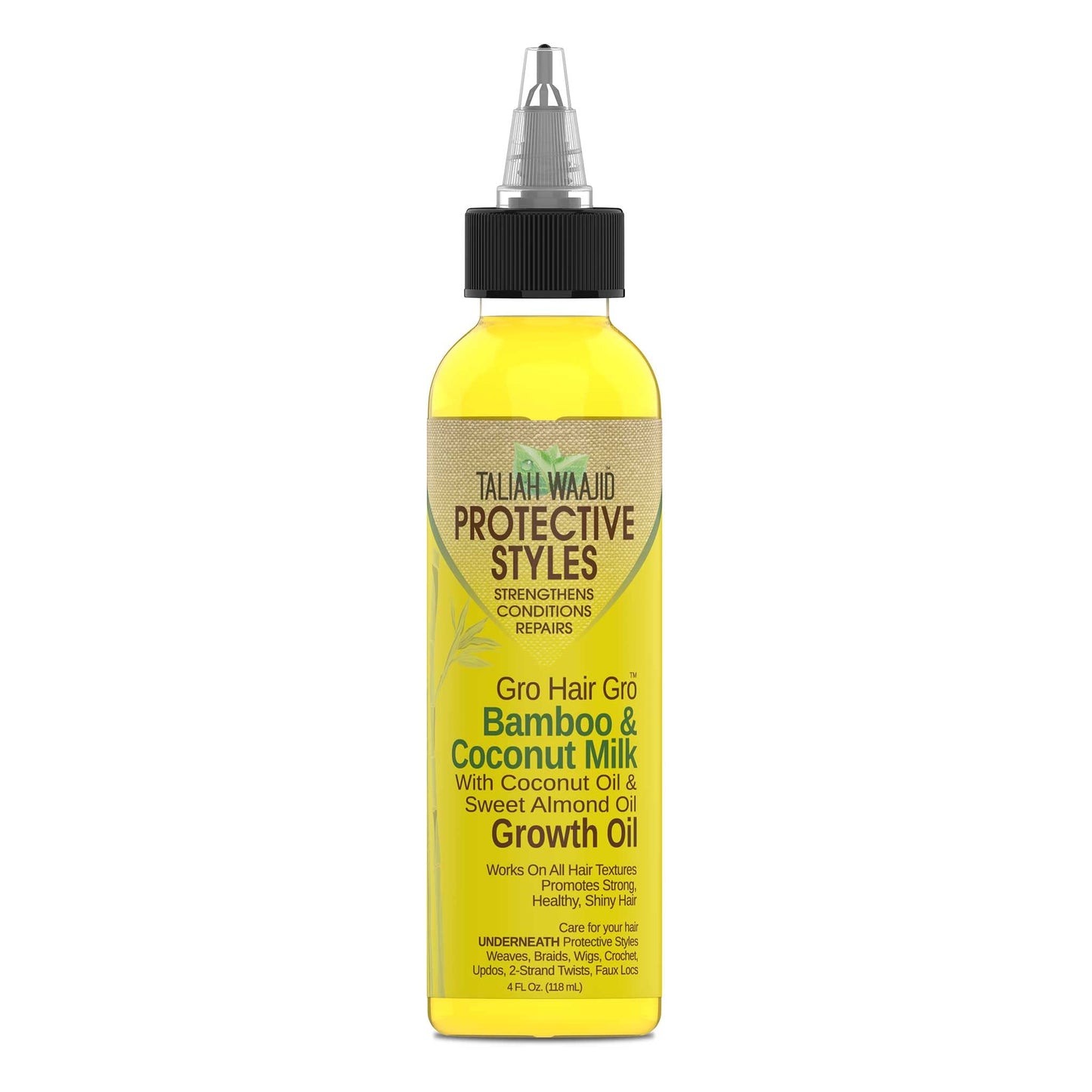 Taliah Waajid intensive growth blend bottle showcasing directions and information for repairing damaged hair textures.