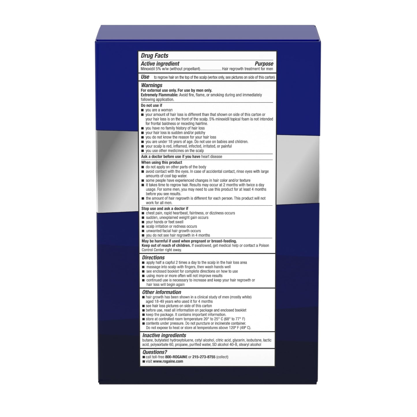 Back label of Rogaine Men's Foam highlighting the active ingredient list.
