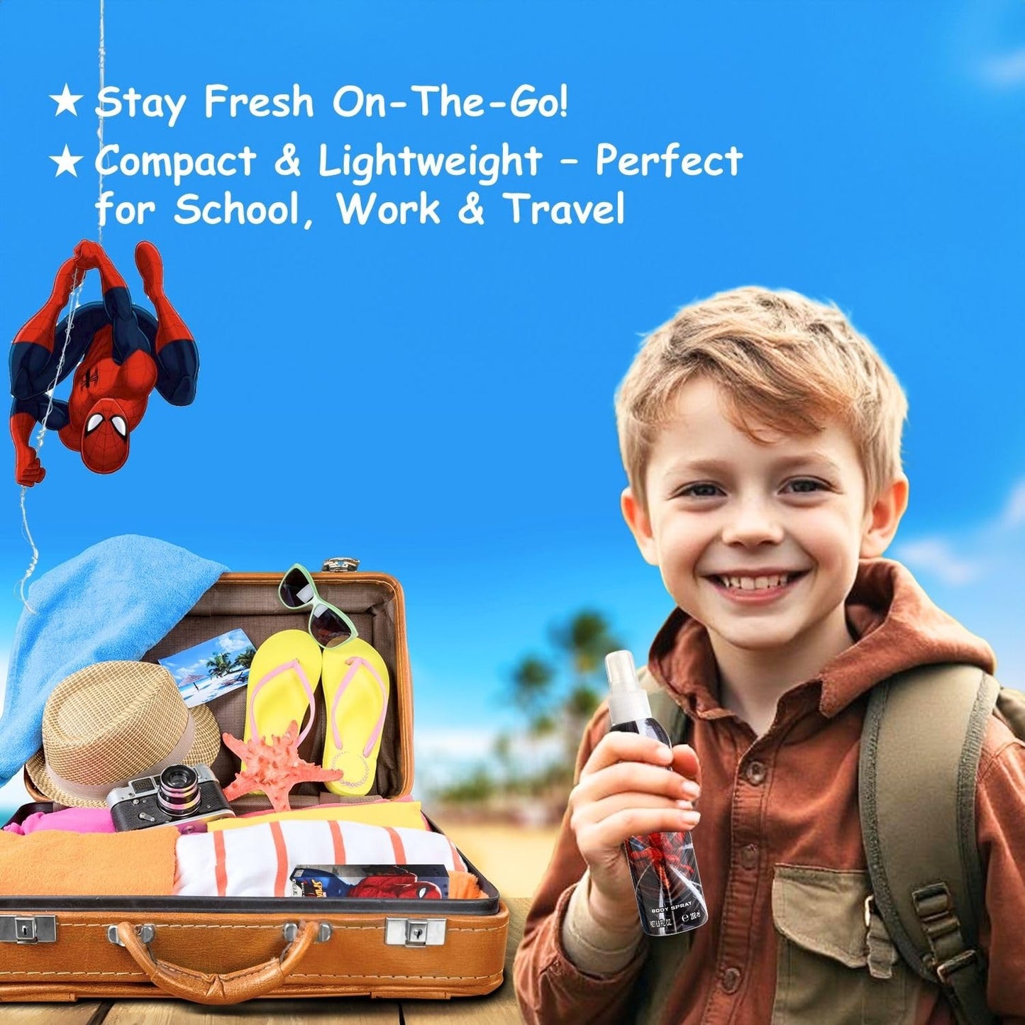 Size comparison view of the travel-friendly 6.8 Fluid Ounce superhero fragrance bottle.