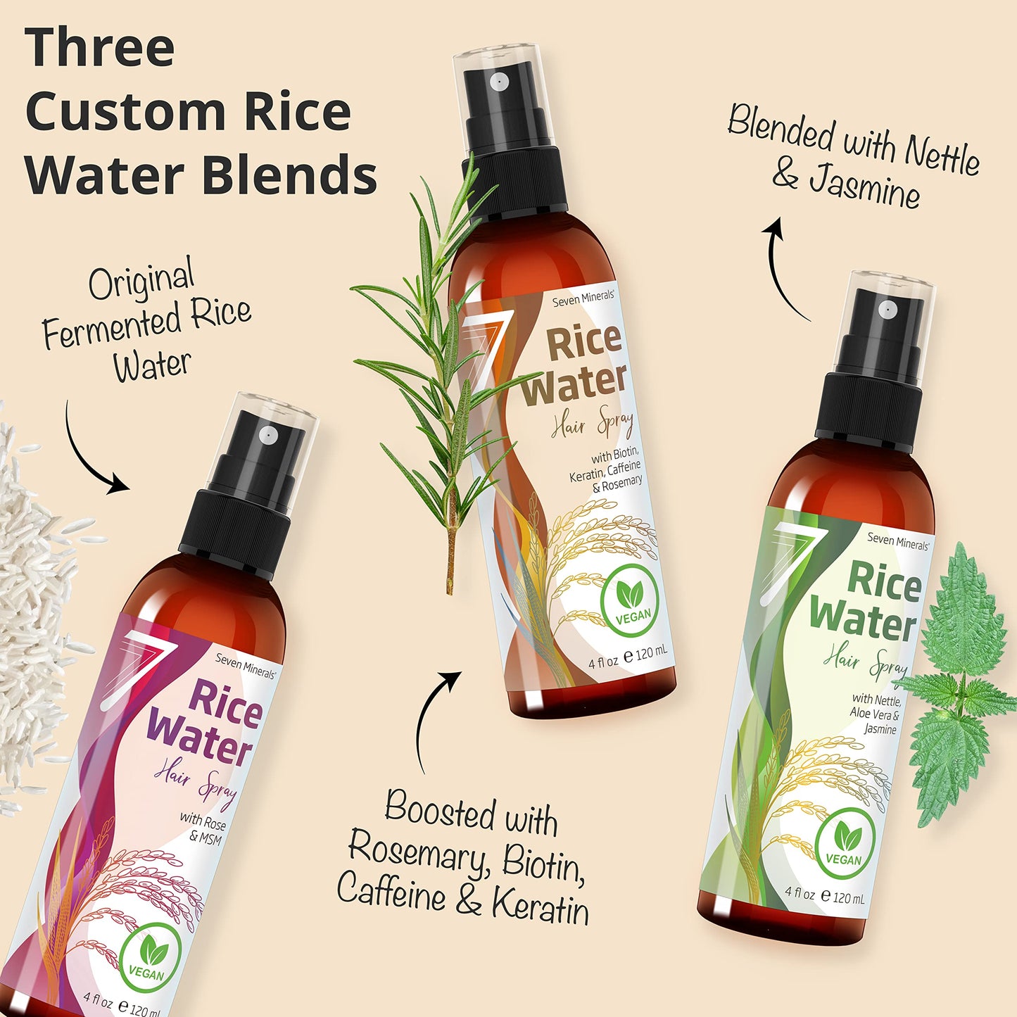 Seven Minerals rice water and rosemary hair spray packaging highlighting the clean vegan formula.