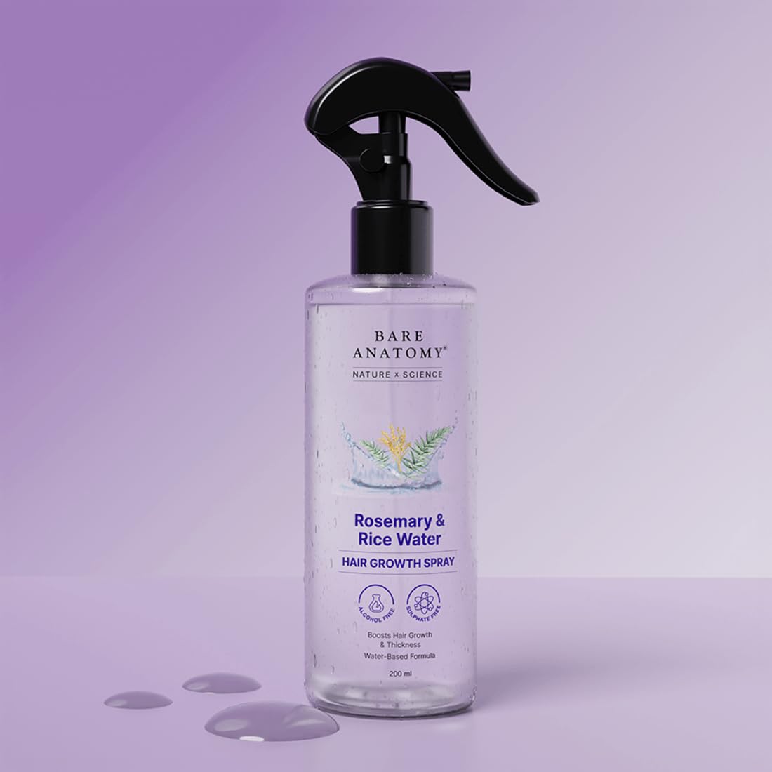 Full packaging view of Bare Anatomy rosemary and rice water hairfall control treatment.