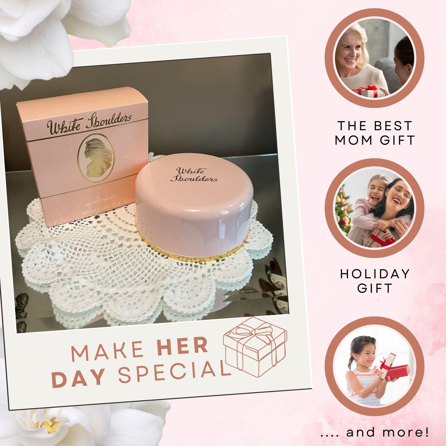 Full packaging display of Evyan White Shoulders feminine floral dusting powder for women.