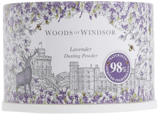 Woods Of Windsor luxury body powder container with soft application puff displayed