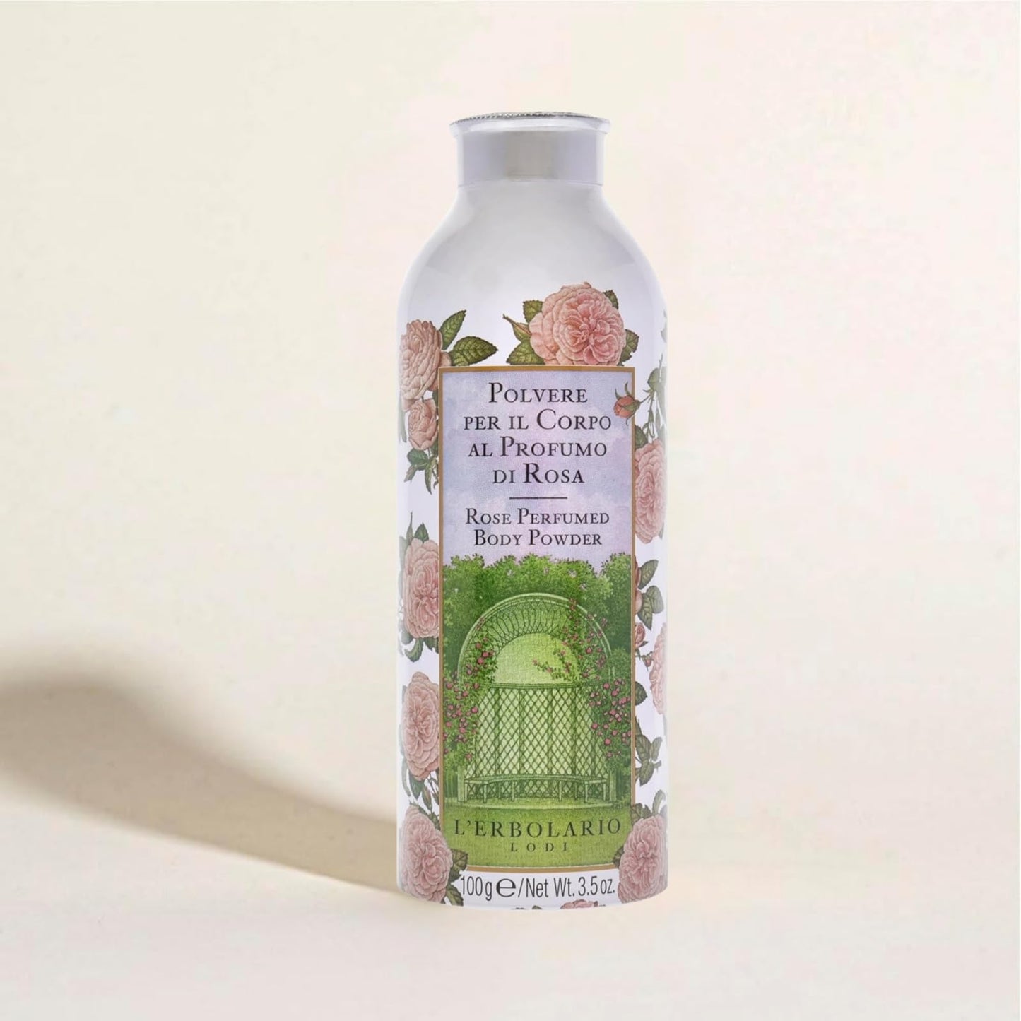 L'Erbolario Rose imported European luxury body powder container back view